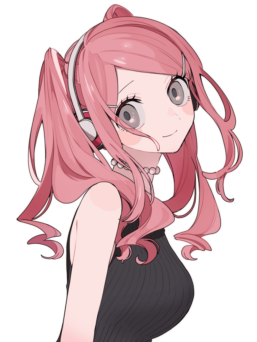 1girl blush_stickers from_side grey_eyes hair_ornament hairclip headphones highres jewelry looking_back maco22 necklace original pearl_necklace pink_hair shirt sleeveless sleeveless_shirt smile solo twintails upper_body