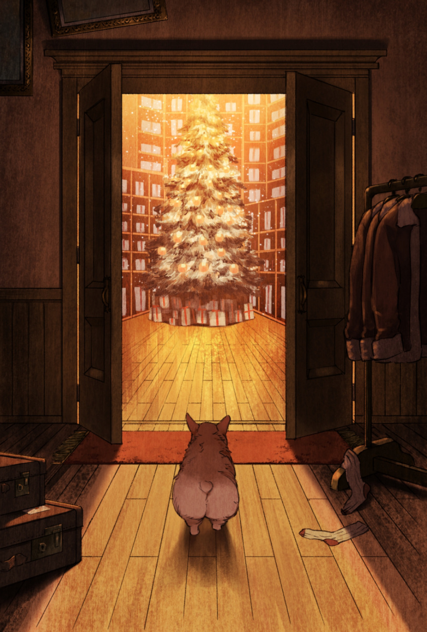 13_(pixiv_84747634) box christmas christmas_tree clothes_rack from_behind fur-trimmed_jacket fur_trim gift gift_box highres indoors jacket no_humans open_door original shadow unworn_jacket unworn_socks welsh_corgi wooden_floor