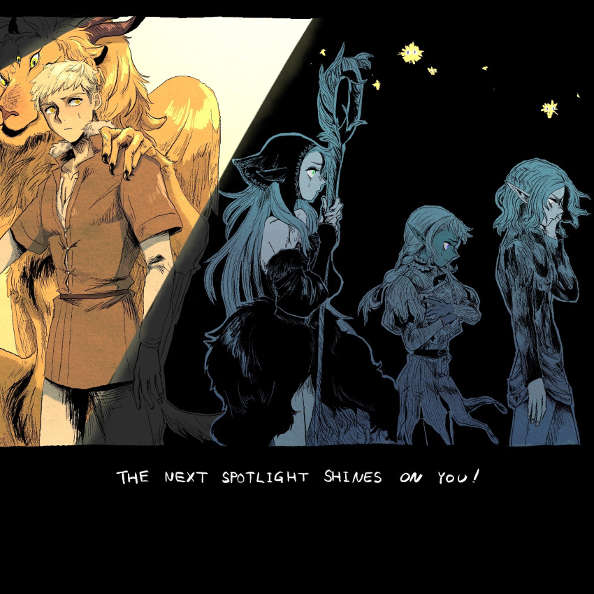 1girl 3boys ambrosia_(dungeon_meshi) androgynous bare_shoulders blonde_hair book braid cowboy_shot dark-skinned_male dark_skin dress dungeon_meshi elf english_text green_eyes grey_eyes highres holding holding_book holding_staff laios_touden long_hair marcille_donato marcille_donato_(lord) medium_hair mithrun multiple_boys official_alternate_costume pachix2_corgi pointy_ears purple_eyes short_hair spoilers spotlight staff sweatdrop thistle_(dungeon_meshi) winged_lion_(dungeon_meshi) yellow_eyes