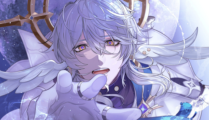 1boy aegyo_sal coat gloves grey_hair halo_behind_head head_wings high_collar highres honkai:_star_rail honkai_(series) jewelry kamino_eru looking_at_viewer male_focus multiple_rings open_mouth outstretched_arm ring solo sunday_(honkai:_star_rail) teeth white_coat white_gloves white_wings wings yellow_eyes