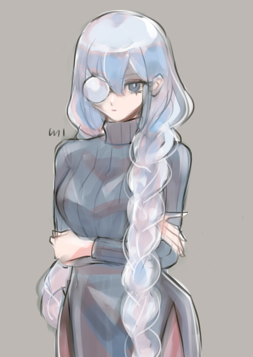 1girl aged_up asteria_of_the_white_woods black_dress braid breasts commentary_request crossed_arms dress duel_monster grey_eyes grey_hair highres ishinonono large_breasts long_hair monocle simple_background sketch solo sweater sweater_dress twin_braids very_long_hair yu-gi-oh!