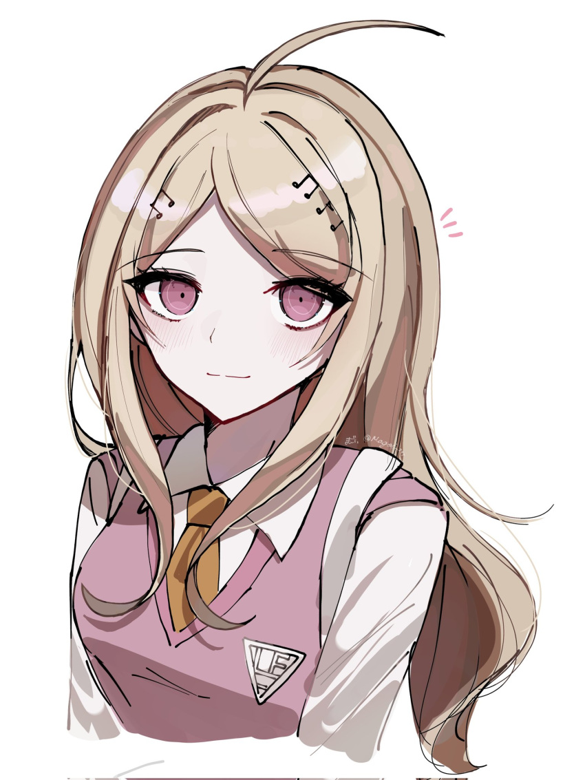 1girl ahoge akamatsu_kaede blonde_hair blush collared_shirt danganronpa_(series) danganronpa_v3:_killing_harmony hair_ornament highres higoi_343 long_hair musical_note musical_note_hair_ornament necktie orange_necktie pink_eyes pink_sweater_vest shirt smile solo sweater_vest white_shirt