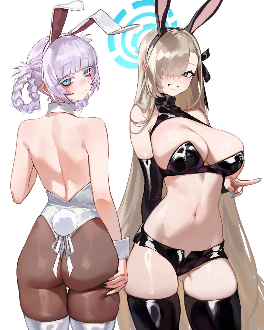 2girls absurdres animal_ears arm_warmers ass ass_support ass_visible_through_thighs asuna_(blue_archive) backless_leotard bare_shoulders black_nails black_ribbon black_shorts black_thighhighs blue_archive blue_eyes blue_halo blue_nails blunt_bangs braid braided_hair_rings breasts brown_hair cleavage closed_mouth cosplay cowboy_shot crossover detached_collar fake_animal_ears fake_tail fingernails foolish_potato grin hair_over_one_eye hair_ribbon hair_rings halo highres large_breasts leotard long_fingernails long_hair looking_at_viewer micro_shorts mole mole_on_breast multiple_girls nail_polish nanakusa_nazuna_(yofukashi_no_uta) nanakusa_nazuna_(yofukashi_no_uta)_(cosplay) navel one_eye_covered open_fly pantyhose playboy_bunny purple_hair rabbit_ears rabbit_tail revision ribbon ringed_eyes short_hair shorts sidelocks simple_background smile standing stomach tail thick_eyelashes thigh_gap thighhighs thong_leotard v very_long_hair white_background white_leotard white_thighhighs yofukashi_no_uta