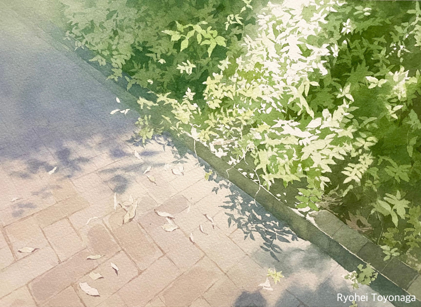 absurdres bush day highres no_humans original path plant realistic scenery shadow still_life sunlight tile_floor tiles toyonaga_ryouhei