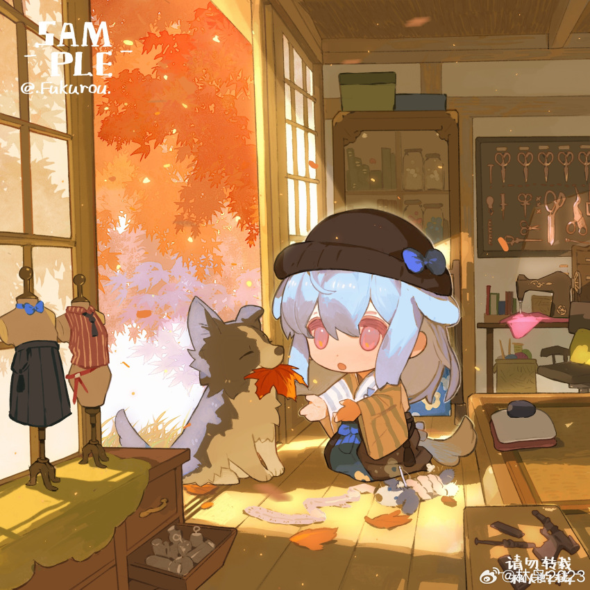 1girl absurdres animal_ears artist_name autumn autumn_leaves beanie black_hat blue_bow blue_hair blue_hakama border_collie bow chibi chinese_commentary chinese_text commentary_request dog dog_ears dog_tail fabric falling_leaves fukurou_(linxiao_2024) full_body gun hair_between_eyes hakama handgun hat hat_bow highres holding holding_leaf indoors japanese_clothes kimono kneeling leaf light_particles long_hair long_sleeves looking_at_animal mannequin mouth_hold original outstretched_arm pink_eyes sample_watermark scissors sewing_kit shouji sliding_doors solo striped_clothes striped_kimono sunlight tail vertical-striped_clothes vertical-striped_kimono vertical-striped_sleeves watermark weapon weibo_logo weibo_username white_kimono white_sleeves wide_sleeves