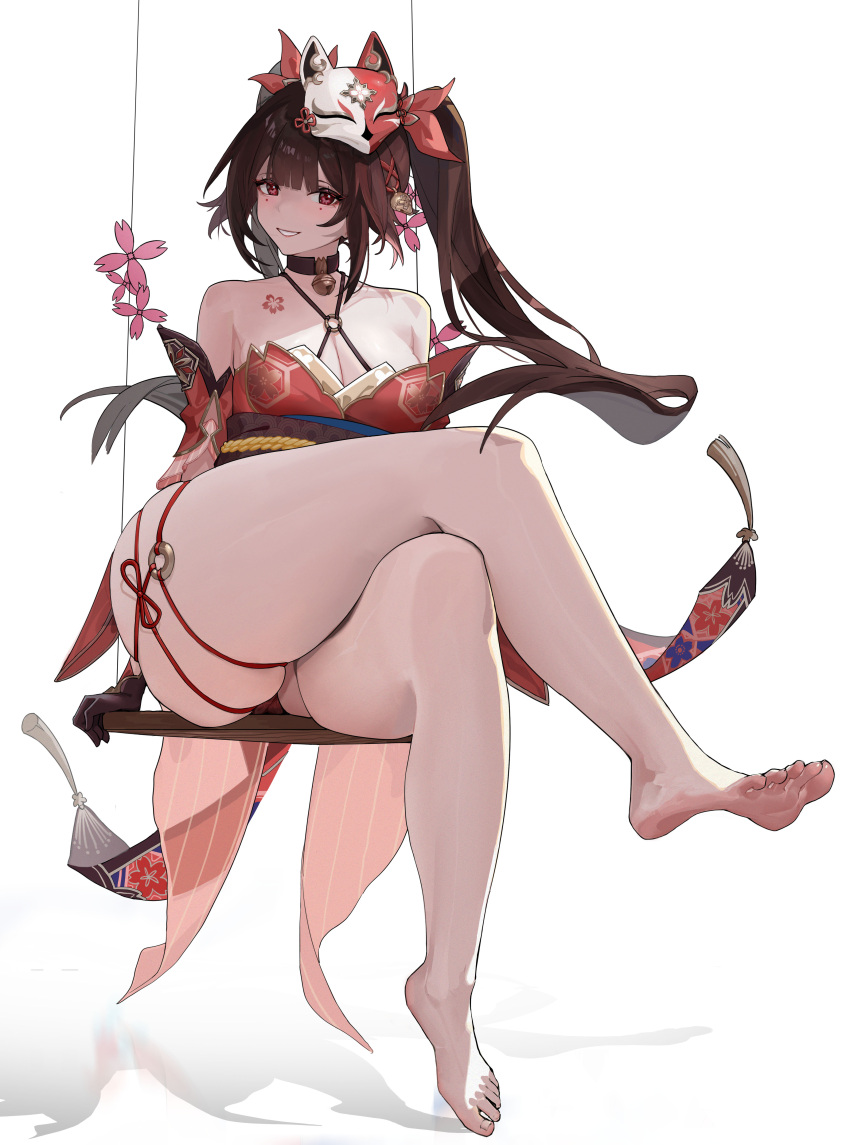 1girl absurdres bare_shoulders barefoot bell black_choker breasts choker cleavage commentary_request detached_sleeves dress flower_tattoo fox_mask full_body highres honkai:_star_rail honkai_(series) i_am_not_a_cat large_breasts long_hair looking_at_viewer mask mask_on_head mole mole_under_each_eye mole_under_eye multiple_moles neck_bell partial_commentary red_dress simple_background sitting sleeveless sleeveless_dress smile soles solo sparkle_(honkai:_star_rail) swing_set tattoo thick_thighs thighs toes white_background