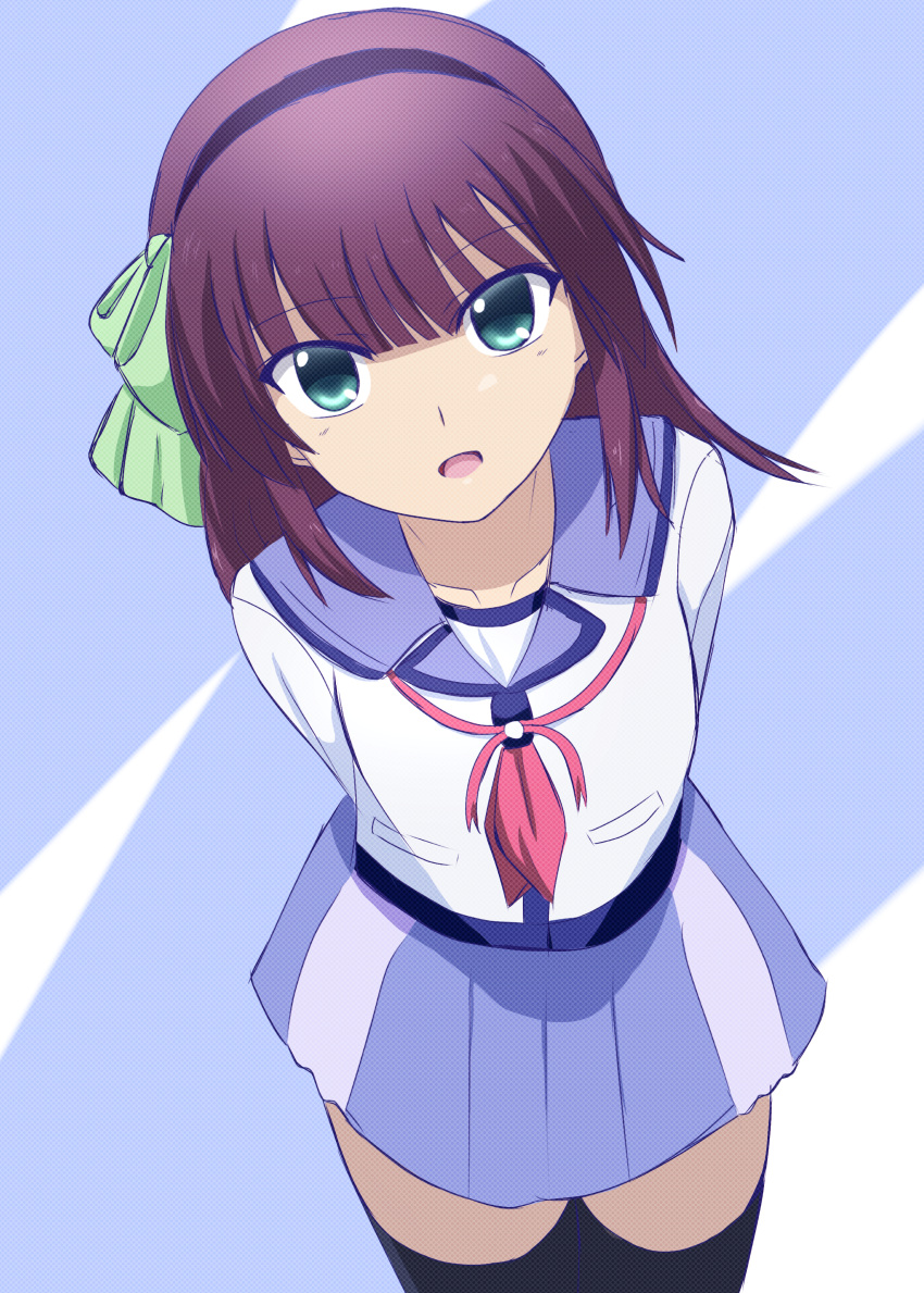 1girl absurdres angel_beats! arms_behind_back black_hairband black_thighhighs blue_background blue_sailor_collar blue_skirt blunt_bangs bow commentary_request cowboy_shot eyes_visible_through_hair green_bow green_eyes hair_bow hairband highres leaning_forward lelie_(lelie_link) long_sleeves looking_at_viewer medium_hair miniskirt nakamura_yuri neckerchief open_mouth pink_neckerchief pleated_skirt purple_hair sailor_collar shinda_sekai_sensen_uniform shirt simple_background skirt smile solo straight_hair thighhighs upturned_eyes white_shirt zettai_ryouiki