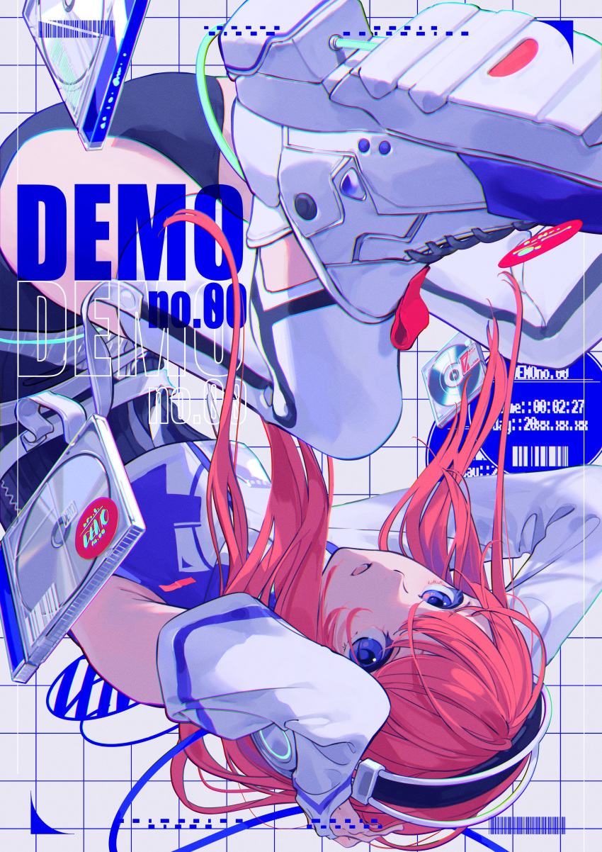 1girl absurdres armpit_crease barcode blue_eyes bridal_gauntlets cd cd_case grid_background hands_on_own_head headphones highres holding_own_head looking_at_viewer original parted_lips red_hair ritao_kamo shoe_soles shoes sneakers solo upside-down