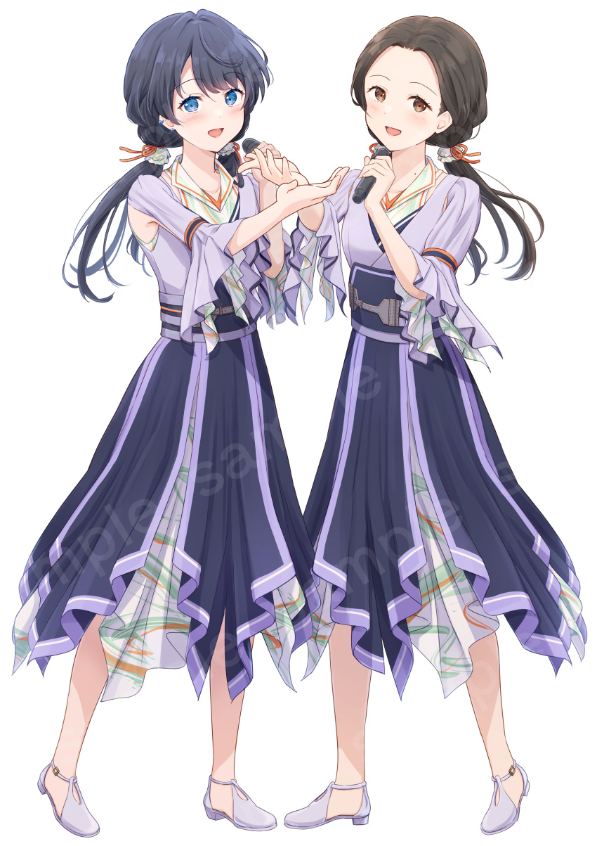 2girls :d absurdres animification armpit_crease black_hair blue_eyes blue_hair blush brown_eyes collarbone commentary_request dark_blue_hair dress forehead full_body hakama hakama_skirt half-sleeves hands_up highres holding holding_microphone japanese_clothes kimono link!_like!_love_live! long_hair looking_at_viewer love_live! low_twintails microphone mirage_voyage_(love_live!) mole mole_on_neck multiple_girls murano_sayaka nonaka_kokona open_mouth purple_hakama purple_kimono real_life sample_watermark simple_background skirt sleeveless sleeveless_dress smile symmetry twintails voice_actor voice_actor_connection watermark white_background white_dress yutuki_ame