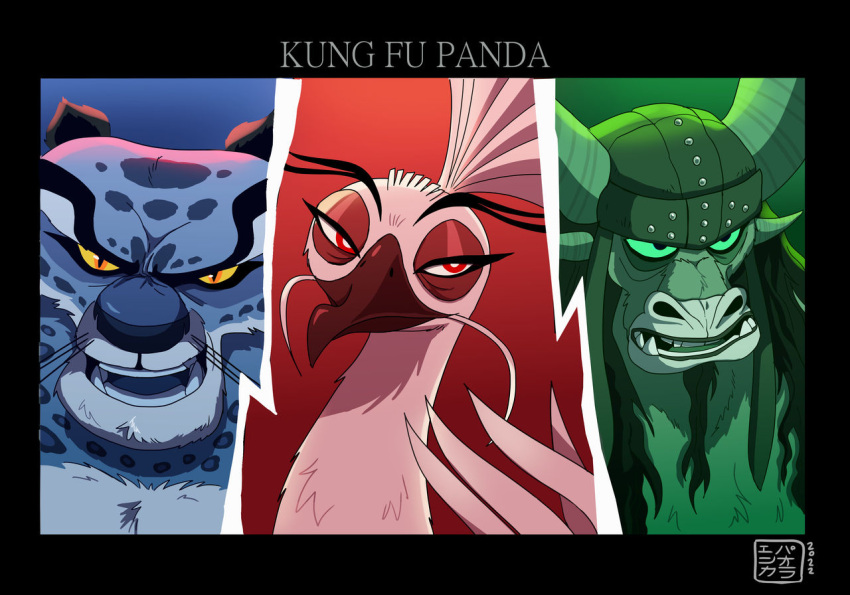 anthro avian bird blue_background dreamworks felid galliform green_background green_eyes group kabuki-aku kai_the_collector kung_fu_panda lord_shen male mammal pantherine peafowl phasianid red_background red_eyes simple_background snow_leopard tai_lung_(kung_fu_panda) trio