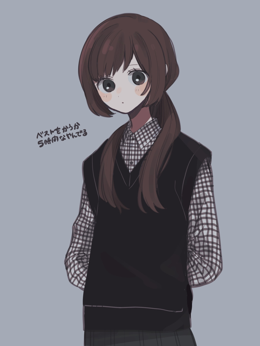 1girl arms_behind_back blush_stickers brown_eyes brown_hair collared_shirt expressionless gingham gingham_shirt highres long_hair long_sleeves looking_at_viewer maco22 original pleated_skirt ponytail shirt skirt solo split_ponytail sweater_vest translation_request