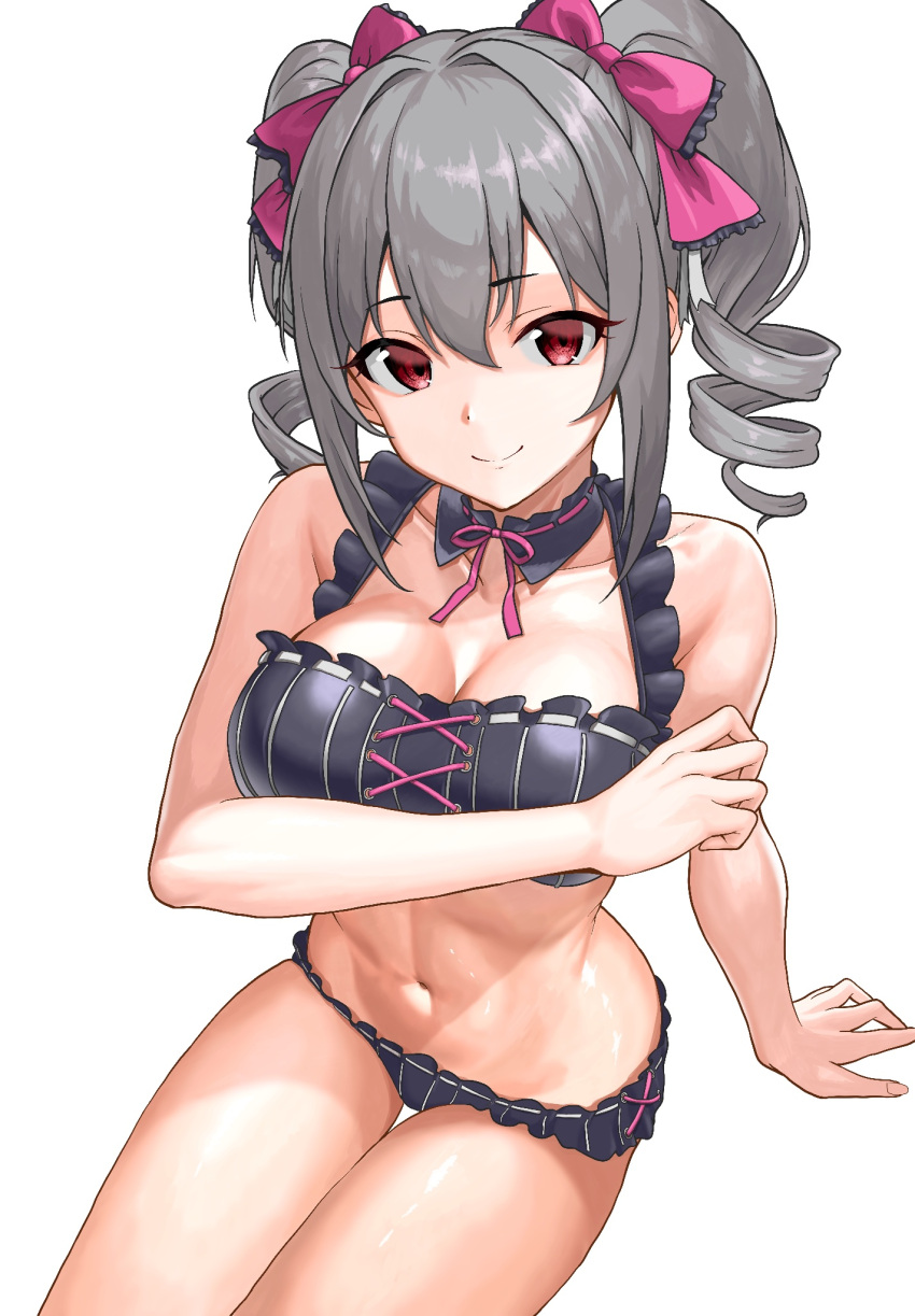 1girl bikini black_bikini bow breasts cleavage commentary_request drill_hair fascinate_kyrie frilled_bikini frills from_above grey_hair hair_bow highres idolmaster idolmaster_cinderella_girls kanzaki_ranko large_breasts looking_at_viewer medium_hair navel red_eyes simple_background sitting smile solo swimsuit thigh_gap toned twin_drills white_background