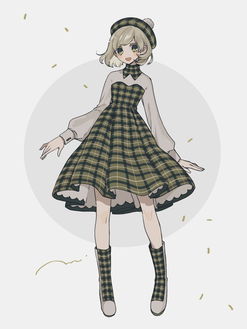 1girl blonde_hair blush_stickers boots dress full_body green_eyes hat high_collar highres long_sleeves looking_at_viewer maco22 open_mouth original plaid plaid_dress plaid_footwear plaid_headwear short_hair smile solo tam_o'_shanter