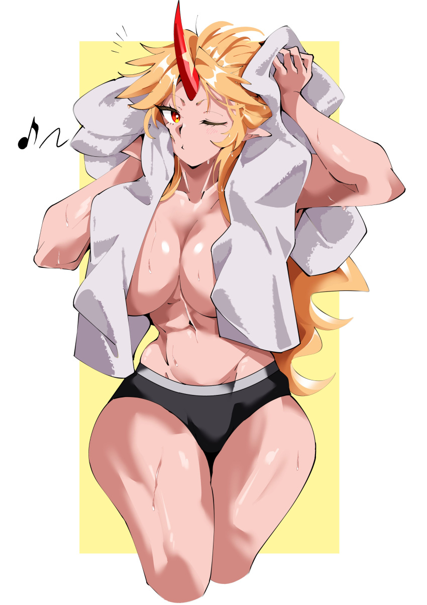 1girl absurdres black_panties blonde_hair breasts commentary_request convenient_censoring cowboy_shot drying fugaku_(miko_no_miyatsuguchi) highres horns hoshiguma_yuugi huge_breasts long_hair looking_at_viewer musical_note navel one_eye_closed oni panties red_horns single_horn solo star_(symbol) topless touhou towel towel_around_neck two-tone_background underwear wet wet_hair whistling