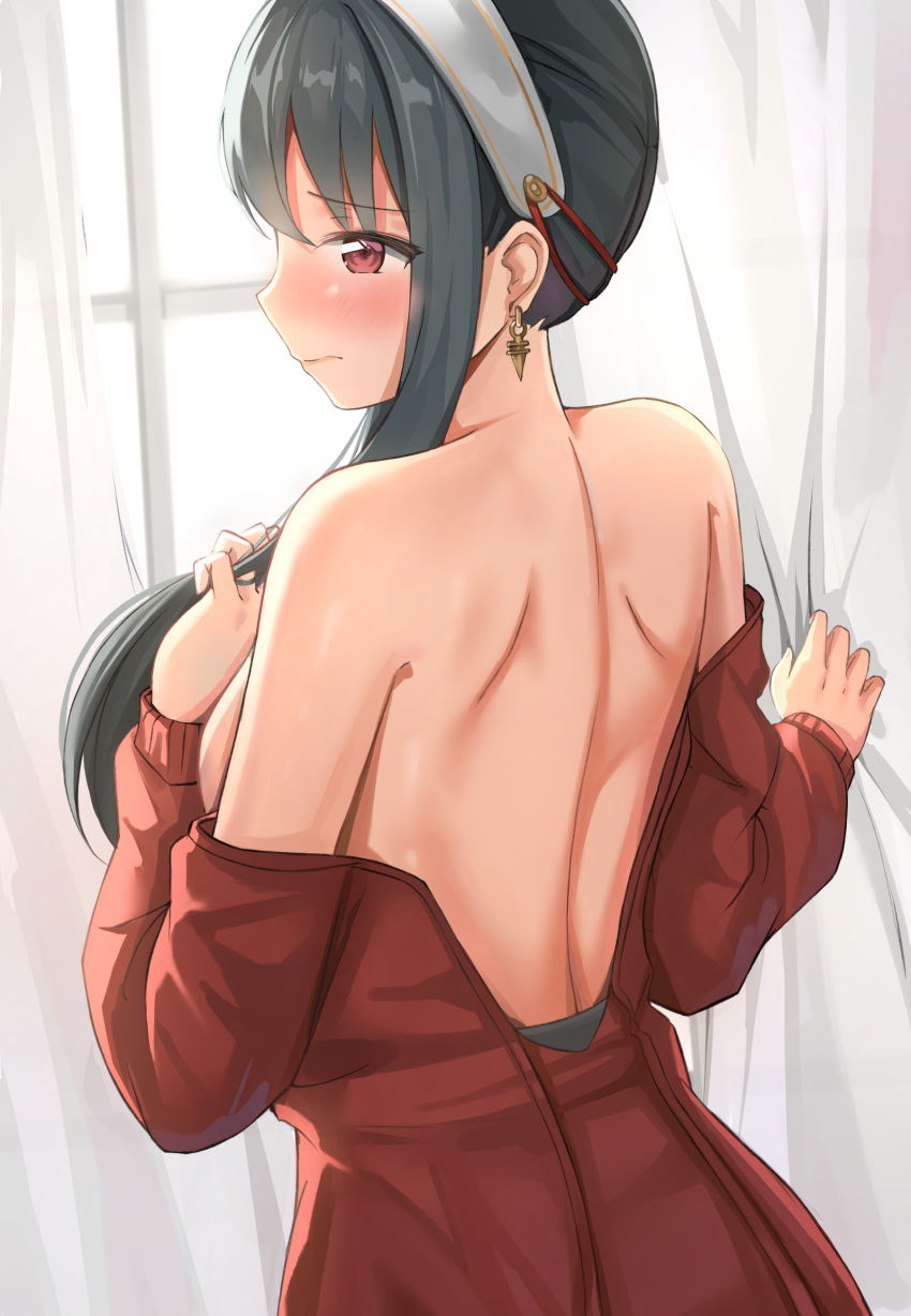 1girl absurdres bangs bare_back bare_shoulders black_hair blush commentary curtains dress earrings eru_(aeeu2243) eyebrows_visible_through_hair from_behind hairband hand_up highres indoors jewelry long_sleeves off-shoulder_dress off_shoulder profile red_dress red_eyes short_hair_with_long_locks solo spy_x_family upper_body white_hairband window yor_briar