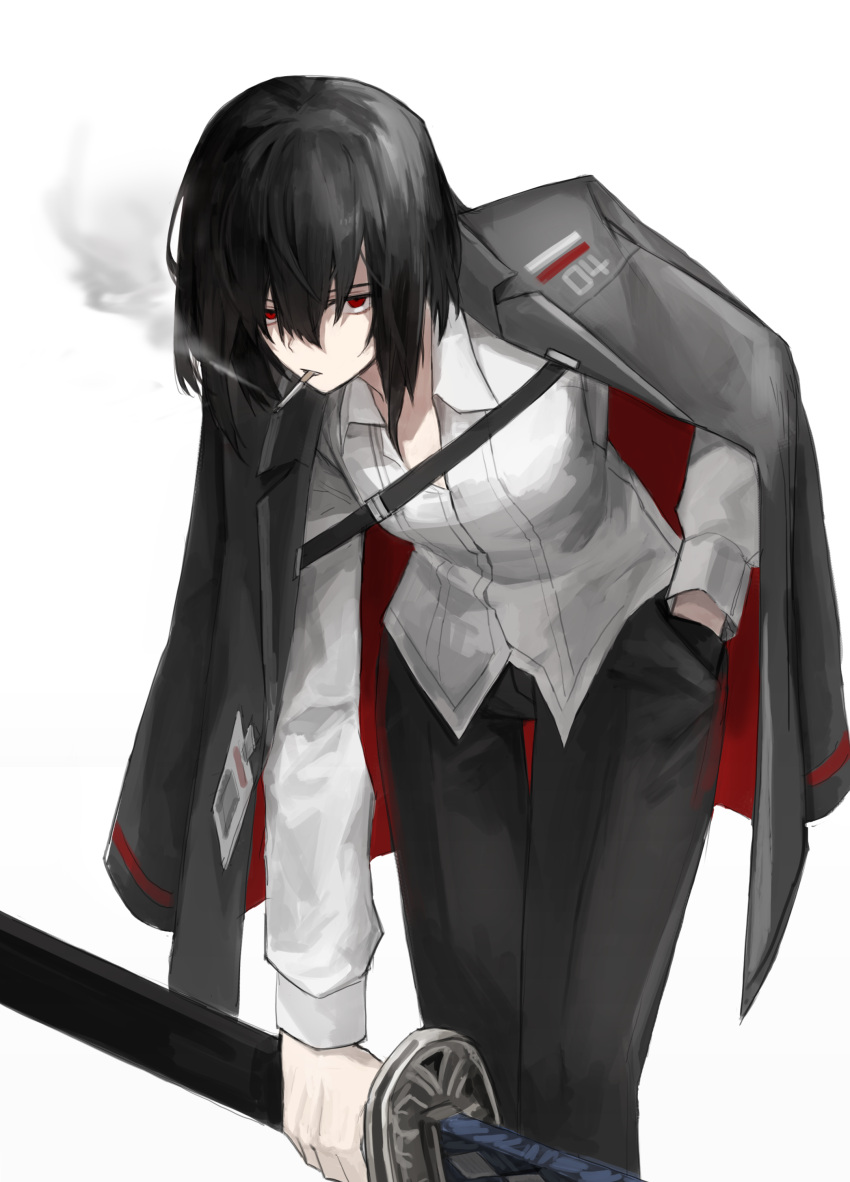 1girl absurdres badnick69_(camchi) black_coat black_hair black_pants cigarette coat coat_on_shoulders guan_dao highres limbus_company object_head ootachi pants polearm project_moon red_eyes ryoshu_(project_moon) sheath sheathed simple_background smoke smoking solo weapon white_background