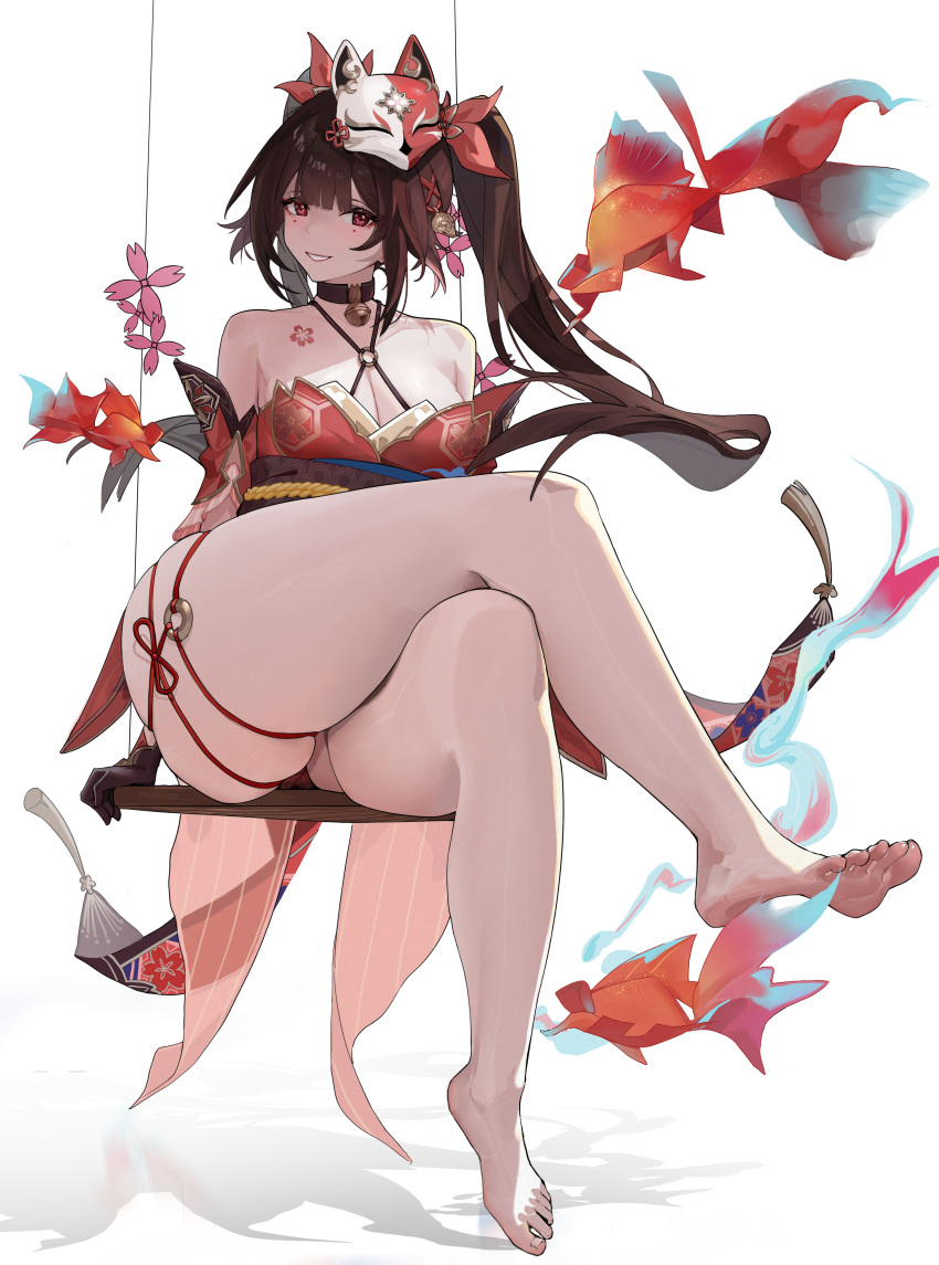 1girl absurdres bare_shoulders barefoot bell black_choker breasts choker cleavage commentary_request detached_sleeves dress flower_tattoo fox_mask full_body highres honkai:_star_rail honkai_(series) i_am_not_a_cat koi large_breasts long_hair looking_at_viewer mask mask_on_head mole mole_under_each_eye mole_under_eye multiple_moles neck_bell partial_commentary red_dress simple_background sitting sleeveless sleeveless_dress smile soles solo sparkle_(honkai:_star_rail) swing_set tattoo thick_thighs thighs toes white_background