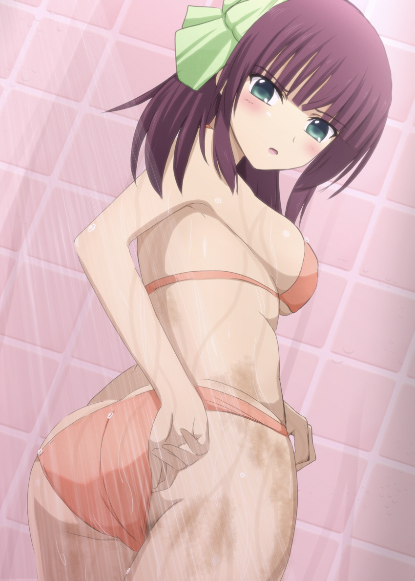 1girl absurdres adjusting_clothes adjusting_swimsuit angel_beats! ass bare_arms bikini blunt_bangs blush bow breasts commentary_request cowboy_shot dirty from_behind full_body green_bow green_eyes hair_bow highres indoors lelie_(lelie_link) looking_down medium_breasts medium_hair nakamura_yuri open_mouth orange_bikini purple_hair shower_(place) showering sideboob skindentation solo straight_hair swimsuit tile_wall tiles water_drop wet