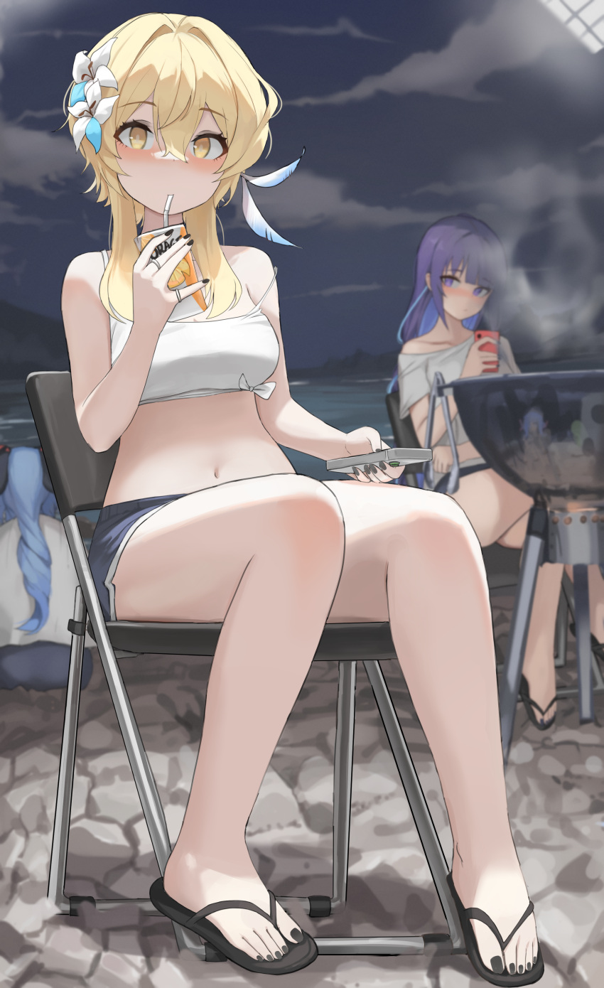 3girls absurdres beach black_footwear black_nails blonde_hair blue_hair blue_shorts breasts casual cellphone chair cloud cup dolri drinking fingernails flower ganyu_(genshin_impact) genshin_impact grill hair_between_eyes hair_flower hair_ornament highres holding holding_cup holding_phone legs long_hair looking_at_viewer lumine_(genshin_impact) medium_breasts midriff multicolored_hair multiple_girls nail_polish navel night night_sky ocean on_chair outdoors phone purple_hair raiden_shogun sandals shorts sitting sky toenails toes two-tone_hair white_flower yellow_eyes