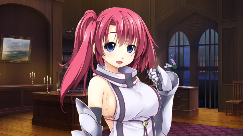 1girl armored_gloves atelier-moo bare_shoulders blue_eyes breasts curtained_hair detached_sleeves hair_between_eyes highres indoors large_breasts long_hair looking_at_viewer open_mouth red_hair side_ponytail sideboob smile solo spica_celest standing upper_body wizards_symphony