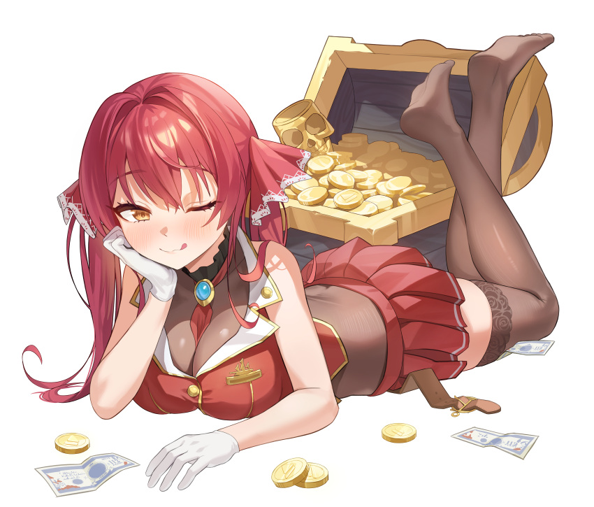 1girl absurdres ascot banknote belt black_choker blush bment423 breasts brown_belt brown_thighhighs choker coin commentary cropped_jacket dokuro-kun_(houshou_marine) feet_up frilled_choker frills full_body gloves gold_coin gold_trim hair_ribbon highres hololive houshou_marine houshou_marine_(1st_costume) jacket lace-trimmed_thighhighs lapel_pin lapels large_breasts leather_belt leotard leotard_under_clothes long_hair looking_at_viewer lying miniskirt money no_shoes notched_lapels on_stomach one_eye_closed pleated_skirt red_ascot red_hair red_jacket red_skirt ribbon see-through see-through_leotard skirt sleeveless sleeveless_jacket solo the_pose thighhighs tongue tongue_out treasure_chest twintails unworn_belt virtual_youtuber white_gloves yellow_eyes