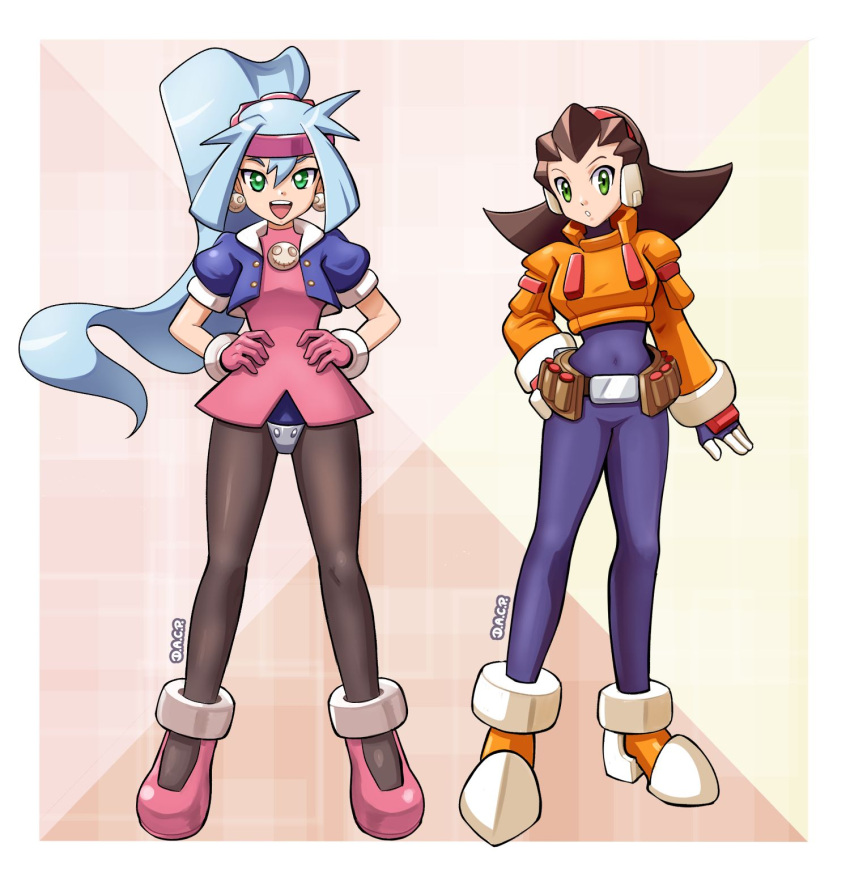 2girls artist_name ashe_(mega_man) ashe_(mega_man)_(cosplay) belt black_bodysuit black_pantyhose blue_hair blue_jacket bodysuit bodysuit_under_clothes breasts brown_hair cosplay costume_switch covered_navel cropped_jacket crotch_plate deniacp dress earrings full_body gloves hand_on_own_hip hands_on_own_hips high_ponytail highres jacket jewelry light_blue_hair long_sleeves looking_at_viewer medium_breasts medium_hair mega_man_(series) mega_man_legends_(series) mega_man_zx mega_man_zx_advent multiple_girls no_pants open_clothes open_jacket open_mouth orange_jacket pantyhose pink_dress pink_footwear pink_gloves robot_ears short_dress short_sleeves skull_brooch skull_earrings sleeves_rolled_up smile teeth tron_bonne_(mega_man) tron_bonne_(mega_man)_(cosplay) upper_teeth_only