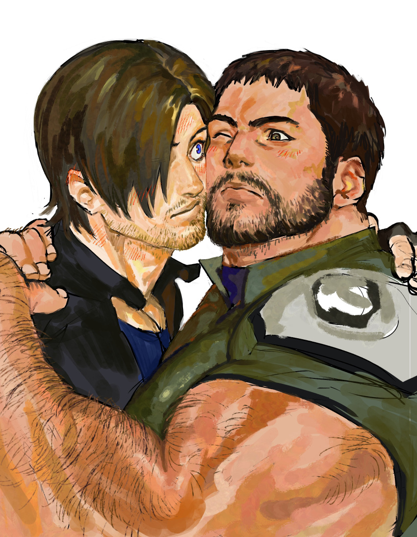 123456dyom 2boys absurdres bara black_jacket blue_eyes blue_shirt blush chris_redfield facial_hair green_shirt highres jacket large_pectorals leon_s._kennedy looking_at_another male_focus multiple_boys muscular muscular_male one_eye_closed open_clothes open_jacket pectorals resident_evil resident_evil_6 shirt simple_background white_background yaoi