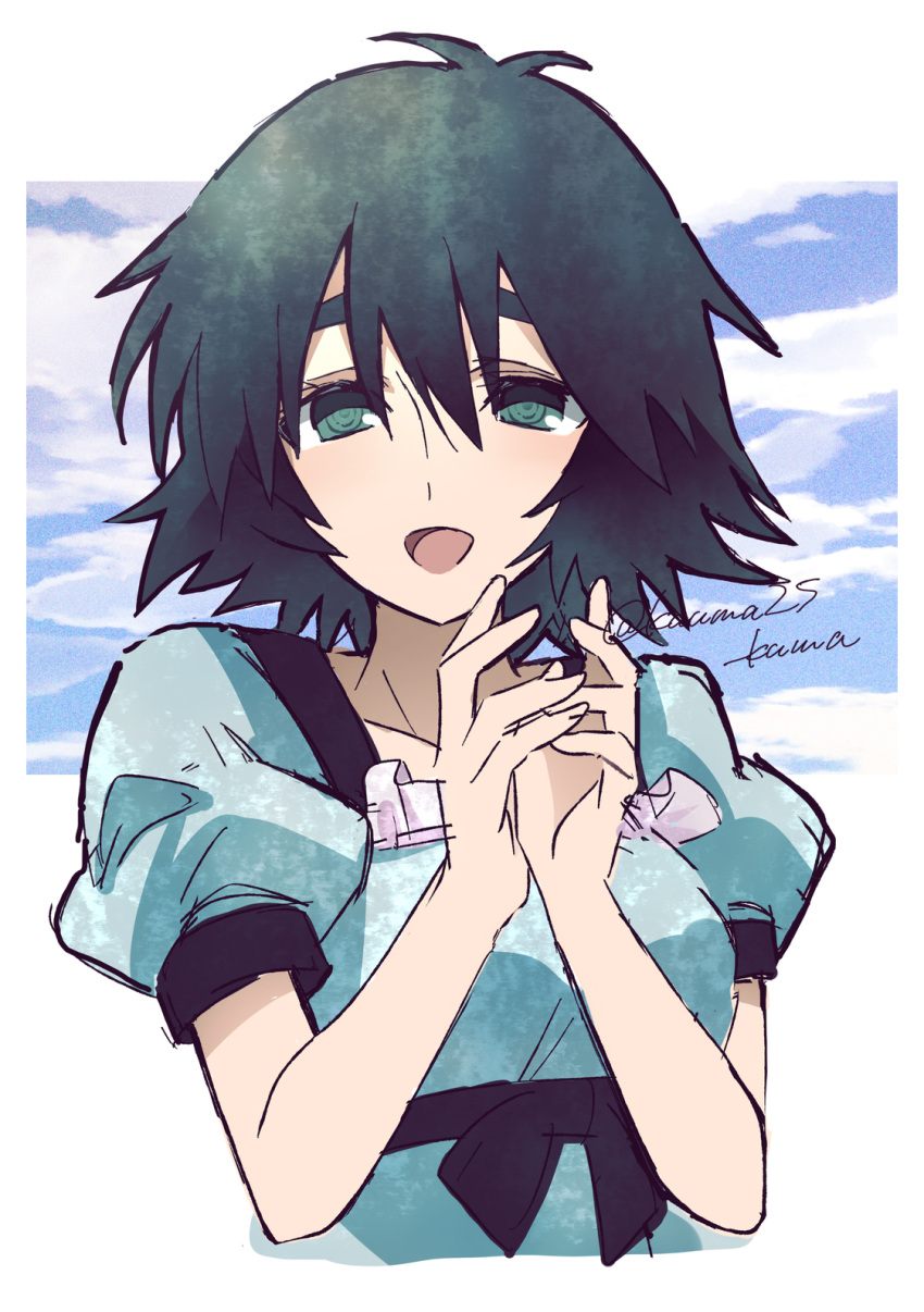 1girl :d artist_name black_hair blue_dress blue_sky border breasts cloud cloudy_sky collarbone commentary dress green_eyes hair_between_eyes highres kuuma25_kuma large_breasts looking_at_viewer messy_hair open_mouth outdoors own_hands_together puffy_short_sleeves puffy_sleeves shiina_mayuri short_hair short_sleeves signature sketch sky smile solo steins;gate symbol-only_commentary thick_eyebrows upper_body w_arms white_border