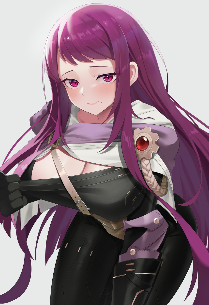 1girl absurdres black_gloves black_pants breasts cleavage commentary commission fire_emblem fire_emblem_engage gloves grey_background highres ivy_(fire_emblem) large_breasts leggings long_hair pants purple_eyes purple_hair simple_background solo very_long_hair ziz_(pandora707)