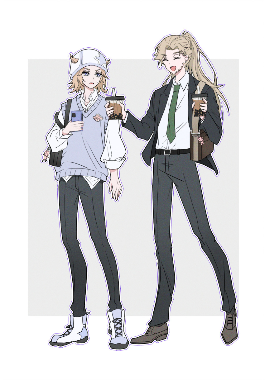 2boys alternate_hairstyle bag black_jacket blue_sweater_vest boots bubble_tea cellphone charm_(object) chuchumimipupu closed_eyes commentary_request contemporary facial_hair green_necktie gyro_zeppeli handbag hat highres holding holding_phone jacket johnny_joestar jojo_no_kimyou_na_bouken male_focus multiple_boys necktie open_mouth phone ponytail smartphone smile star_(symbol) steel_ball_run sweater_vest