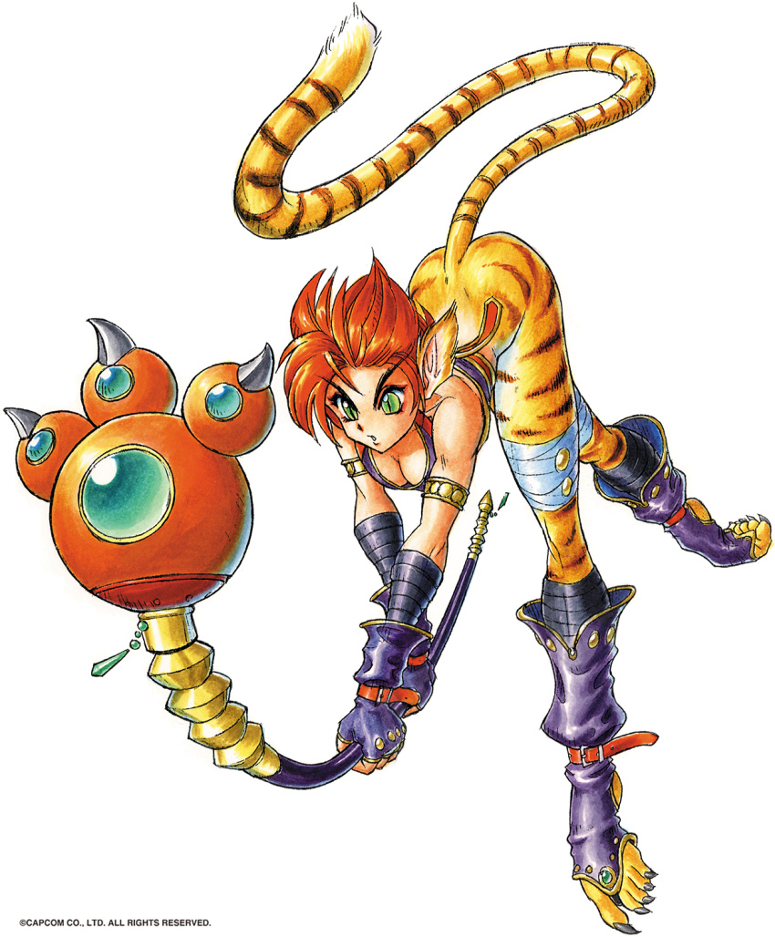 1990s_(style) 1girl animal_ears armlet bandaged_leg bandages breasts breath_of_fire breath_of_fire_ii bustier capcom cat_ears cat_tail closed_mouth copyright_notice gloves green_eyes highres holding no_pants non-web_source official_art pointy_ears red_hair retro_artstyle rinpoo_chuan short_hair simple_background slit_pupils solo staff tail tiger_stripes tiger_tail toeless_footwear traditional_media two-handed