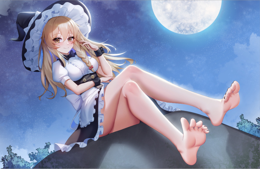 1girl bare_legs barefoot black_bow black_bowtie black_hat black_wristband blonde_hair bow bowtie braid breasts cloud commission crossed_legs feet frills hair_bow hat kirisame_marisa legs long_hair moon nail_polish night sitting sky soles solo star_(sky) starry_sky toenail_polish toenails toes touhou witch_hat wristband xingchee