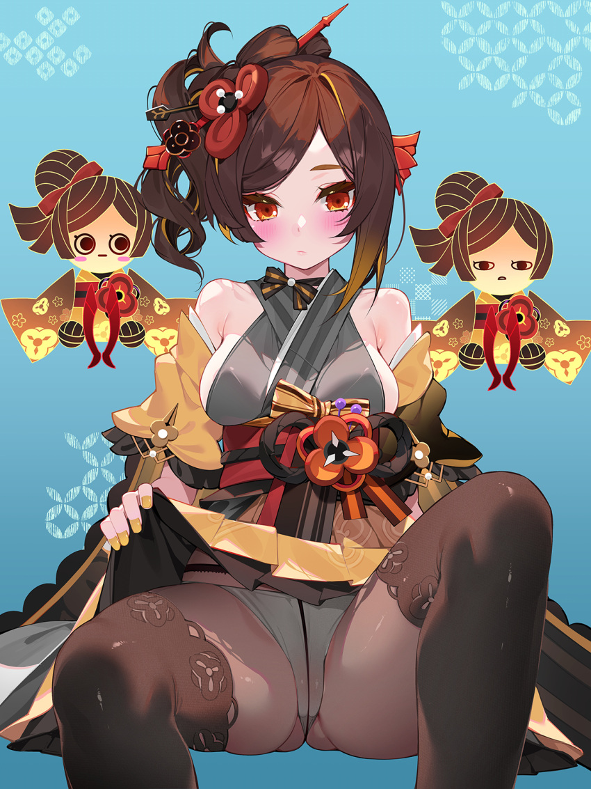 1girl asymmetrical_sidelocks bare_shoulders black_pantyhose black_thighhighs blue_background brown_hair chiori_(genshin_impact) choker clothes_lift covered_nipples drill_hair drill_ponytail gaiters genshin_impact gloves grey_kimono hair_ornament hair_stick haori heel-less_heels highres japanese_clothes kimono lifted_by_self long_hair looking_at_viewer panties panties_under_pantyhose pantyhose red_eyes red_sash ribbon_choker sash short_kimono simple_background sitting skirt skirt_lift solo thighhigh_gaiters thighhighs thighhighs_over_pantyhose underwear uraku_misugiri_(genshin_impact) waterring white_panties yellow_kimono yellow_skirt