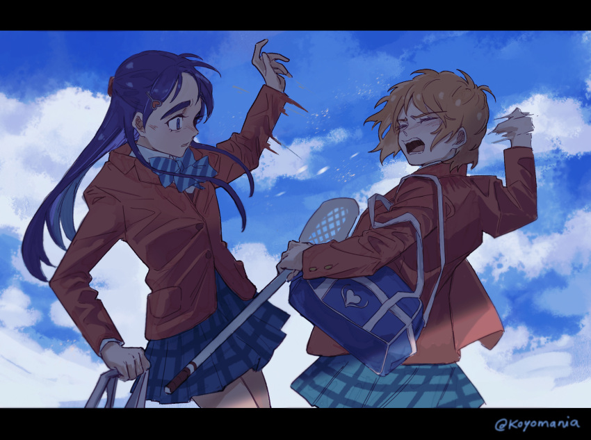 2girls bag blue_bow blue_bowtie blue_eyes blue_skirt blue_sky blush bow bowtie cloud commentary_request day futari_wa_precure hand_up highres holding holding_racket jacket koyomania letterboxed long_hair long_sleeves misumi_nagisa motion_blur multiple_girls open_mouth orange_hair outdoors parted_lips plaid plaid_skirt pleated_skirt precure purple_hair racket red_jacket school_bag school_uniform short_hair skirt sky striped_bow striped_bowtie striped_clothes verone_gakuin_school_uniform yukishiro_honoka