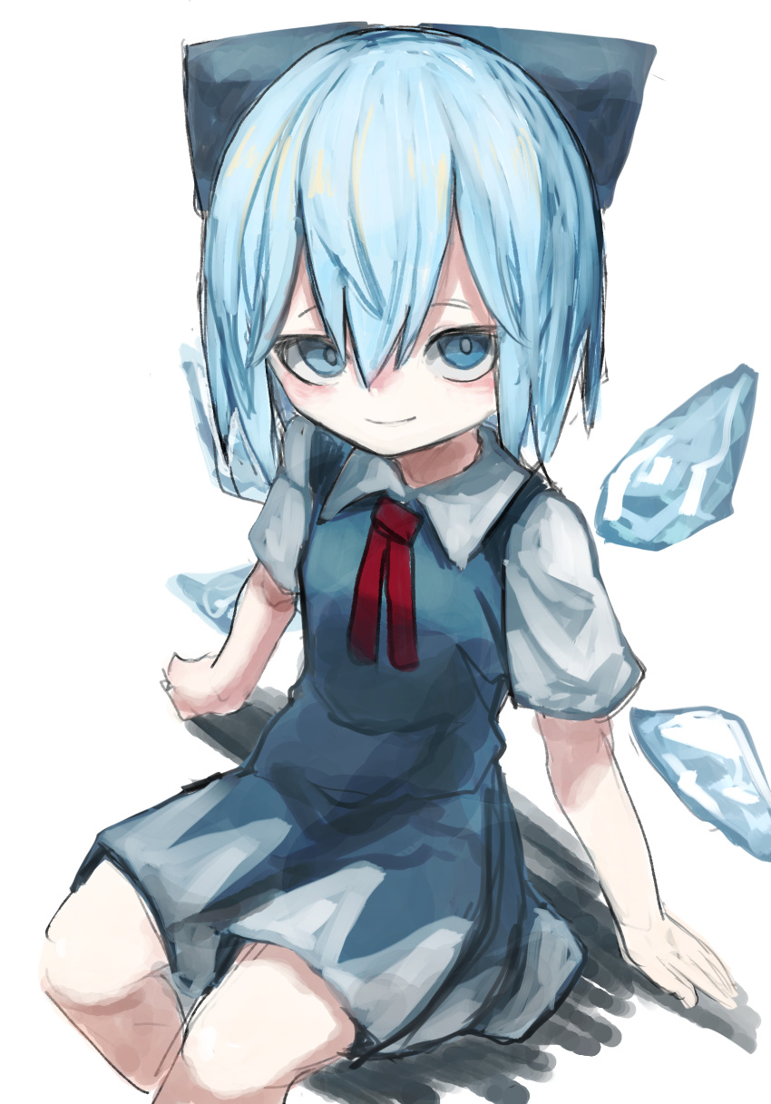 1girl 9302w_(user_wjpg8475) arm_support blue_bow blue_dress blue_eyes blue_hair bow cirno collared_shirt dress highres ice ice_wings looking_at_viewer red_ribbon ribbon shirt short_hair short_sleeves sitting smile solo touhou white_shirt wings