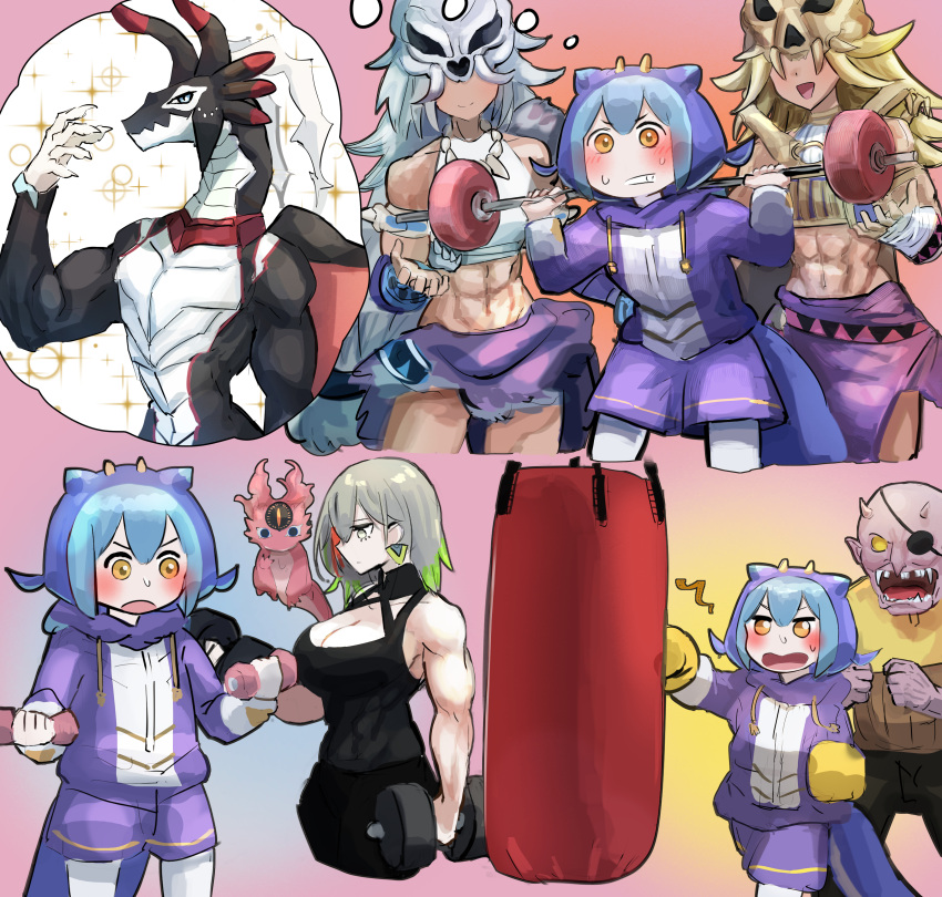 1boy 6+girls absurdres alternate_costume blonde_hair blue_hair boxing_gloves breasts character_request cleavage commission diabellstar_the_black_witch dragon_girl dragonmaid_sheou duel_monster dumbbell exercising faceless faceless_female grey_hair hatano_kiyoshi highres laundry_dragonmaid multiple_girls muscular muscular_female pixiv_commission punching punching_bag second_goblin snake-eyes_poplar track_suit weightlifting yellow_eyes yu-gi-oh!