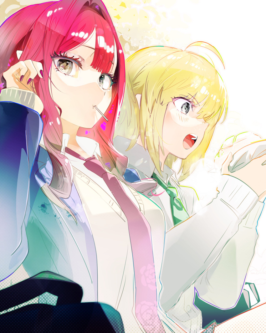 2girls :o :t absurdres ahoge artoria_caster_(fate) artoria_pendragon_(fate) baobhan_sith_(fate) blazer blonde_hair candy closed_mouth eating fate/grand_order fate_(series) food green_eyes grey_eyes hand_in_another's_hair hand_up hands_up highres holding holding_food iris_(tb33064667) jacket lollipop long_hair long_sleeves looking_at_viewer multiple_girls nail_polish necktie open_clothes open_jacket open_mouth pink_hair pink_nails pointy_ears red_necktie school_uniform shirt sidelocks upper_body white_shirt