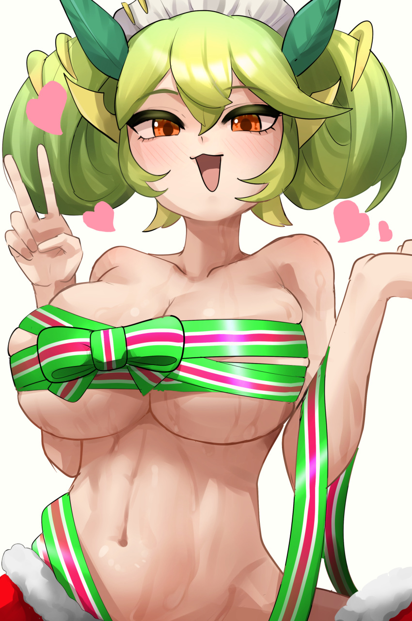 1girl absurdres artist_request blush breasts dragon_girl dragon_horns duel_monster green_hair green_horns green_ribbon heart highres horns large_breasts looking_at_viewer maid maid_headdress midriff naked_ribbon non-web_source orange_eyes parlor_dragonmaid ribbon ribbon_bra second-party_source solo sweat v white_background yu-gi-oh!