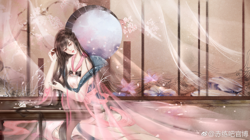 1girl absurdres brown_hair chi_lian_(qin_shi_ming_yue) chi_lian_qiju_zhu combing curtains dress full_body highres long_hair looking_down petals pink_dress qin_shi_ming_yue sitting solo table tiara window