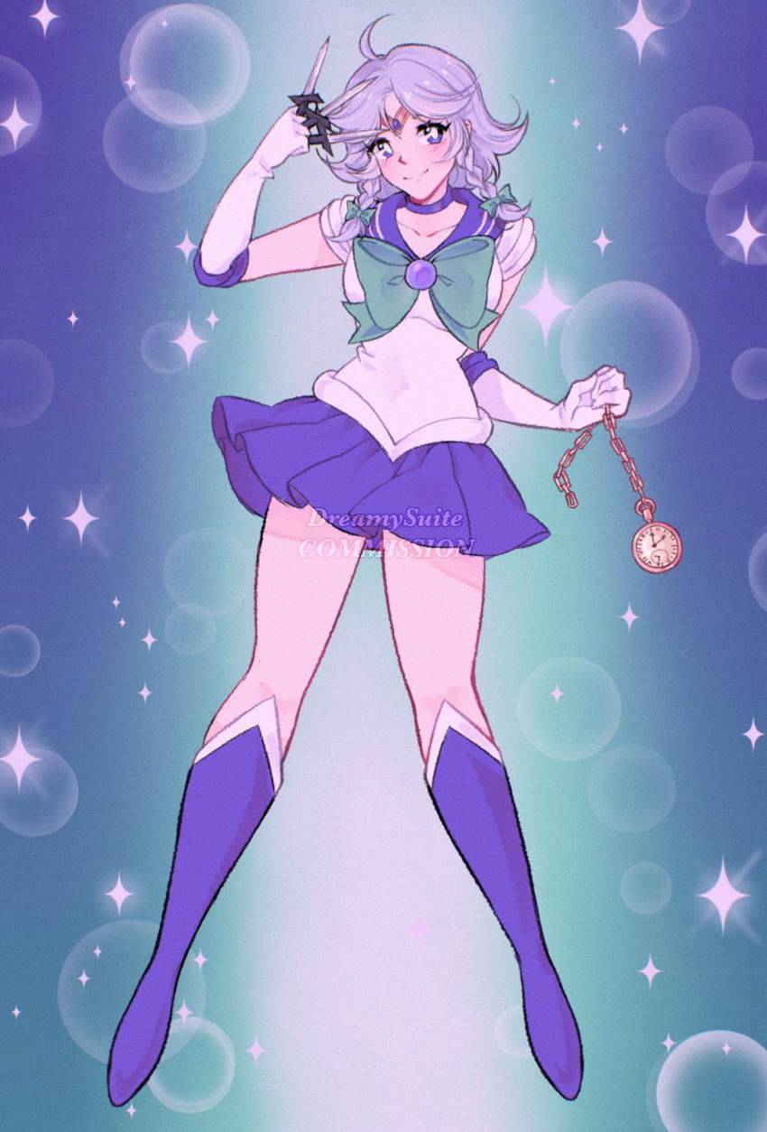 1990s_(style) 1girl ahoge bare_legs between_fingers bishoujo_senshi_sailor_moon blue_eyes blue_footwear blue_sailor_collar blue_skirt blush boots bow bowtie braid breasts circlet collarbone cosplay dreamysuite elbow_gloves full_body gloves green_bow green_bowtie grey_hair hair_bow highres holding holding_knife holding_pocket_watch izayoi_sakuya knee_boots knife knives_between_fingers leotard looking_at_viewer medium_breasts medium_hair miniskirt pleated_skirt pocket_watch retro_artstyle sailor_collar sailor_mercury sailor_mercury_(cosplay) sailor_mercury_pose sailor_senshi_uniform short_sleeves skirt solo thighs touhou twin_braids watch white_gloves white_leotard