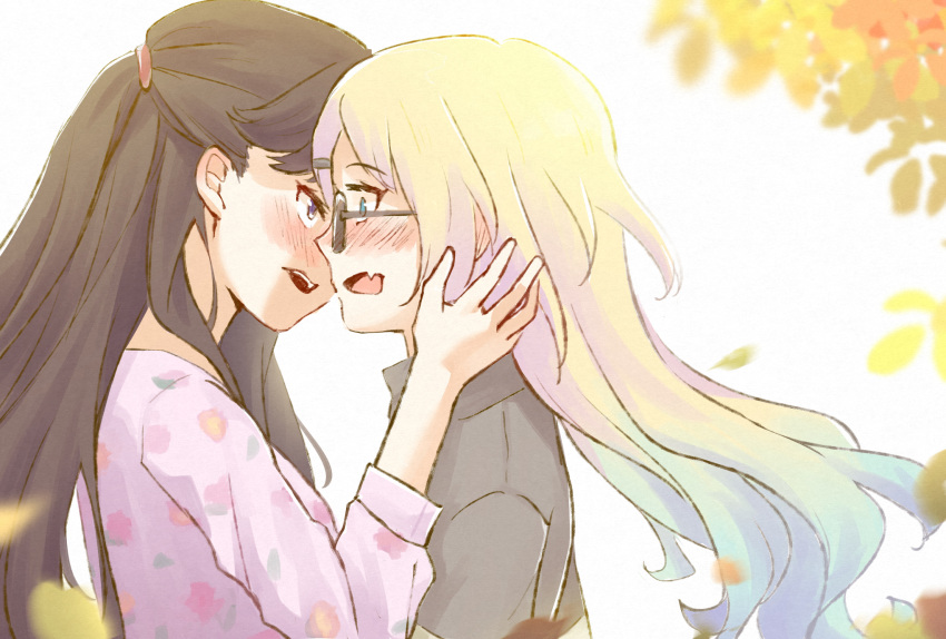 2girls black_hair black_shirt blonde_hair blue_eyes blue_hair blurry blush colored_tips commentary couple depth_of_field eye_contact falling_petals fang floating_hair fujishima_megumi glasses gradient_hair hand_on_another's_cheek hand_on_another's_face highres imminent_kiss link!_like!_love_live! long_hair looking_at_another love_live! mira-cra_park! multicolored_hair multiple_girls open_mouth osawa_rurino petals pink_shirt purple_eyes risai shirt skin_fang teeth upper_body upper_teeth_only variant_set yuri