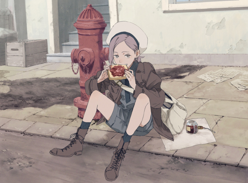 13_(pixiv_84747634) 1girl asymmetrical_bangs bag black_necktie black_socks boots bread bread_slice breasts brown_eyes brown_footwear brown_hair brown_jacket collared_shirt eating fire_hydrant food food_on_hand grey_shirt grey_shorts hat highres jacket jam knees_up long_sleeves looking_at_viewer medium_breasts necktie original sailor_hat shirt shorts shoulder_bag sidewalk sitting socks solo toast white_hat