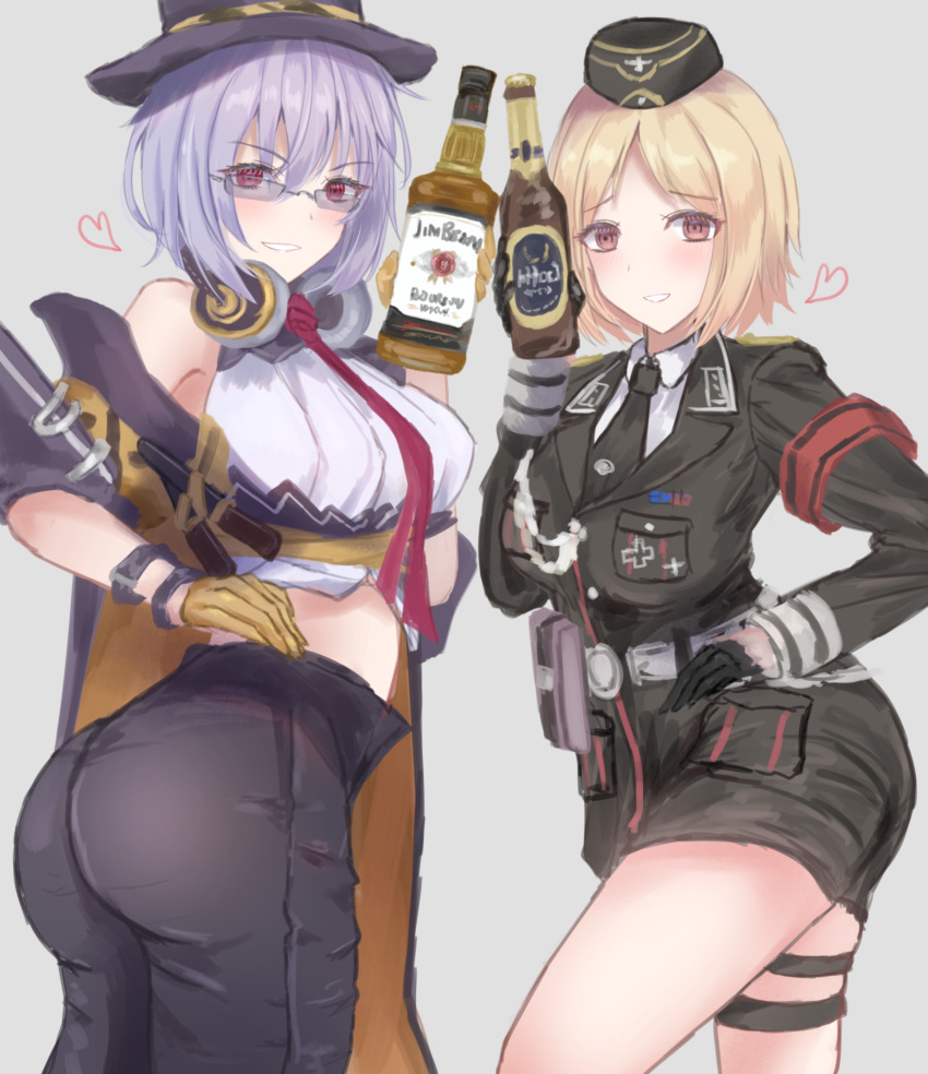 2girls absurdres alcohol blonde_hair breasts commission girls'_frontline hat highres large_breasts looking_at_viewer martinreaction military military_hat military_uniform mp40_(girls'_frontline) multiple_girls purple_hair thompson_(girls'_frontline) uniform