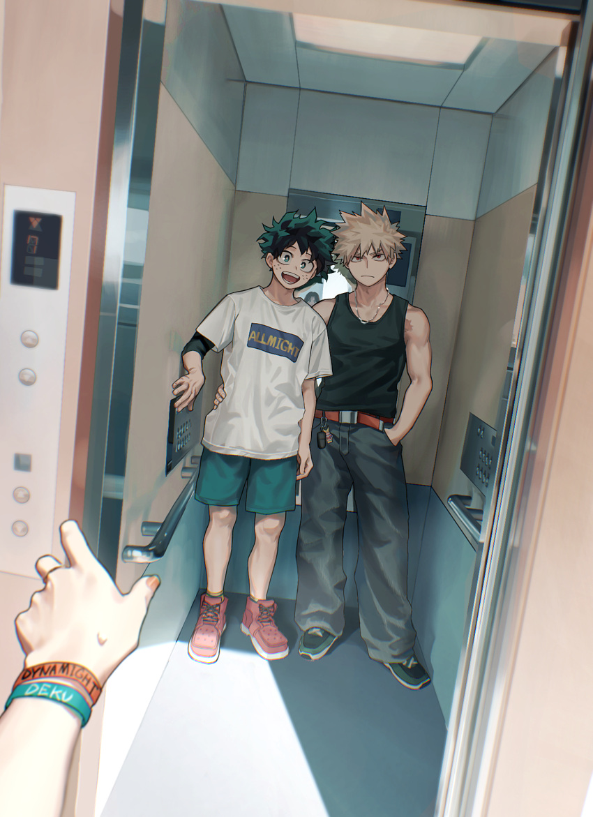 2boys all_might alternate_costume ankle_socks aqua_bracelet aqua_shorts arm_at_side baggy_pants bakugou_katsuki bare_arms bare_shoulders belt black_tank_top blonde_hair blurry boku_no_hero_academia bracelet bright_pupils brown_belt cameo casual character_charm character_name charm_(object) chromatic_aberration closed_mouth clothing_request commentary_request cross-laced_footwear cut_(nifuhami_35) depth_of_field dutch_angle elevator elevator_door elevator_operator fingernails freckles frown green_eyes green_footwear green_hair grey_pants hand_in_pocket hand_on_another's_waist hand_up handrail highres jewelry light looking_at_viewer midoriya_izuku mirror multiple_boys nail_polish necklace open_door open_mouth orange_bracelet orange_nails pants partial_commentary perspective pov print_shirt push-button red_eyes red_footwear reflection ring sanpaku scar scar_on_hand scar_on_shoulder seven-segment_display shade shirt short_hair short_sleeves shorts side-by-side single_horizontal_stripe sleeveless smile socks soft_focus spiked_hair standing sweatdrop t-shirt tank_top white_pupils white_shirt wrinkled_fabric yellow_socks