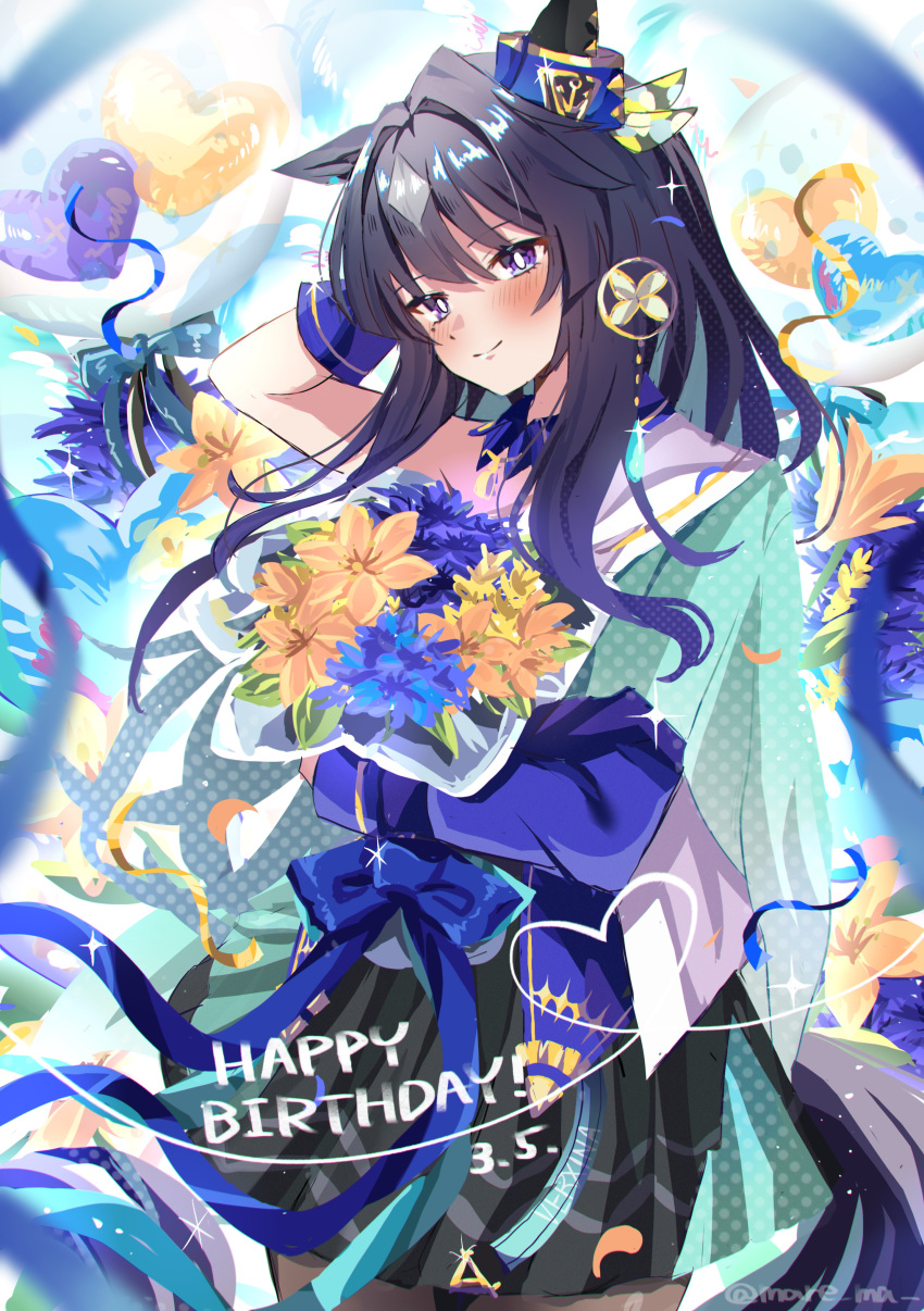1girl absurdres animal_ears balloon blue_hair blush cape closed_mouth dark_blue_hair dated earrings flower hand_on_own_head happy_birthday heart highres horse_ears horse_girl horse_tail jewelry long_hair looking_at_viewer mare_ma ribbon single_earring smile solo tail twitter_username umamusume verxina_(umamusume)