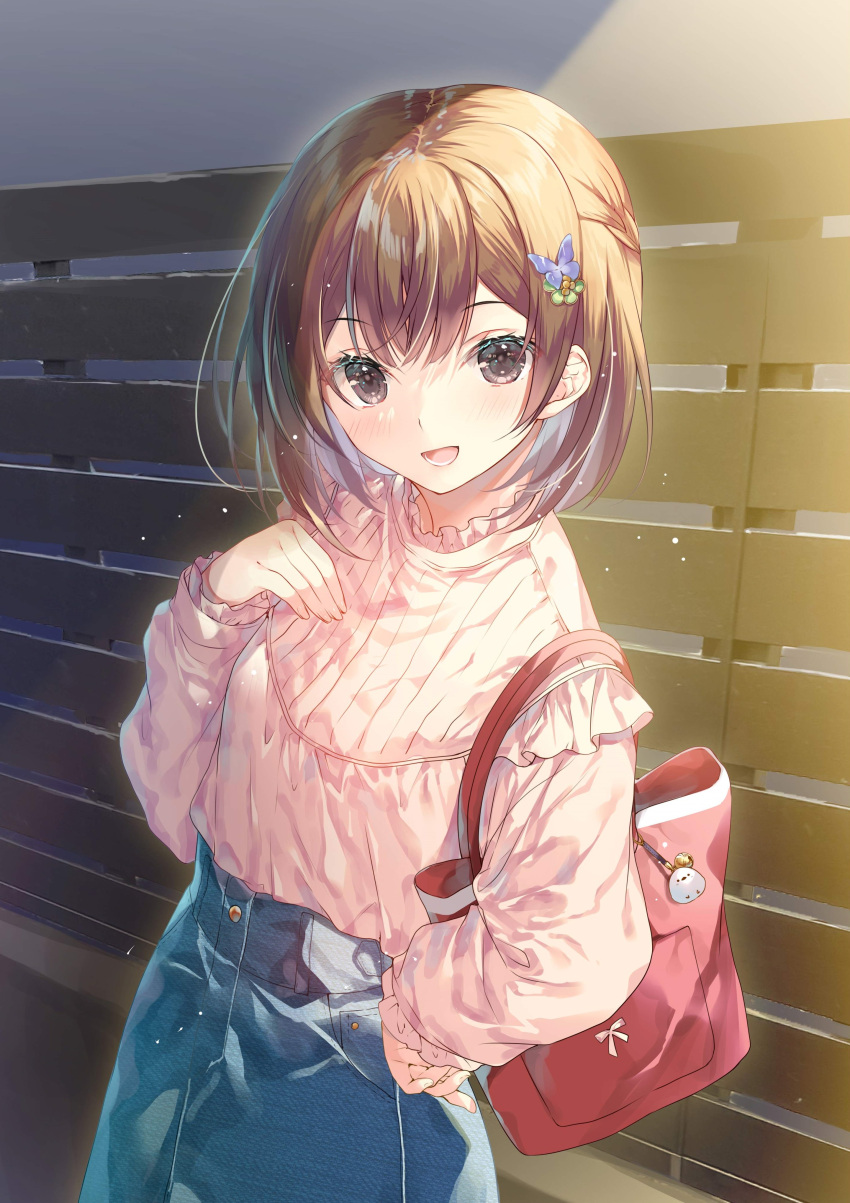 1girl absurdres ainu_clothes bag black_eyes blue_jacket brown_hair grey_background hair_knot hair_over_eyes hand_on_own_chest hand_on_own_hip handbag highres jacket knot miwabe_sakura open_mouth pink_bag saijo_no_osewa short_hair standing sunlight very_short_hair