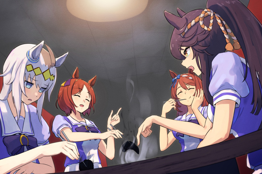 4girls animal_ears black_hair blue_eyes bow bowtie breasts brown_hair burnt_food chopsticks closed_mouth eating frown hair_ornament hand_on_own_cheek hand_on_own_face harakomeshi highres holding holding_chopsticks horse_ears index_finger_raised indoors jitome long_hair medium_breasts multiple_girls narita_brian_(umamusume) oguri_cap_(umamusume) open_mouth pointing ponytail purple_shirt sailor_collar sakura_laurel_(umamusume) school_uniform shirt short_hair small_breasts smile steam super_creek_(umamusume) table tracen_school_uniform umamusume upper_body white_hair yellow_eyes