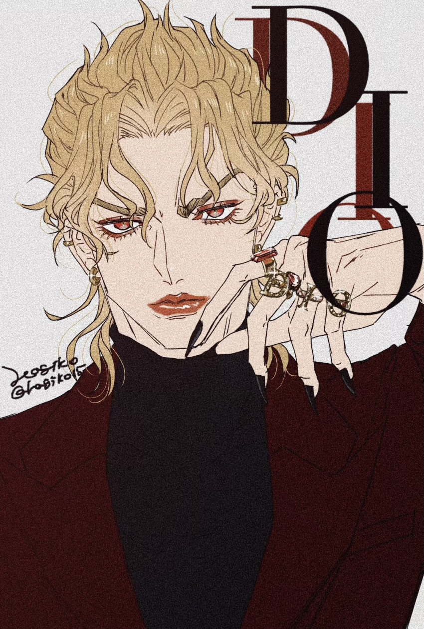 1boy black_nails black_shirt blonde_hair character_name dio_brando ear_piercing earrings eyeshadow film_grain fingernails formal gold_earrings hagiko15 highres jewelry jojo_no_kimyou_na_bouken looking_at_viewer makeup male_focus nail_polish ornate_ring piercing red_eyes red_eyeshadow red_suit ring sharp_fingernails shirt short_hair signature simple_background solo stardust_crusaders suit twitter_username upper_body white_background