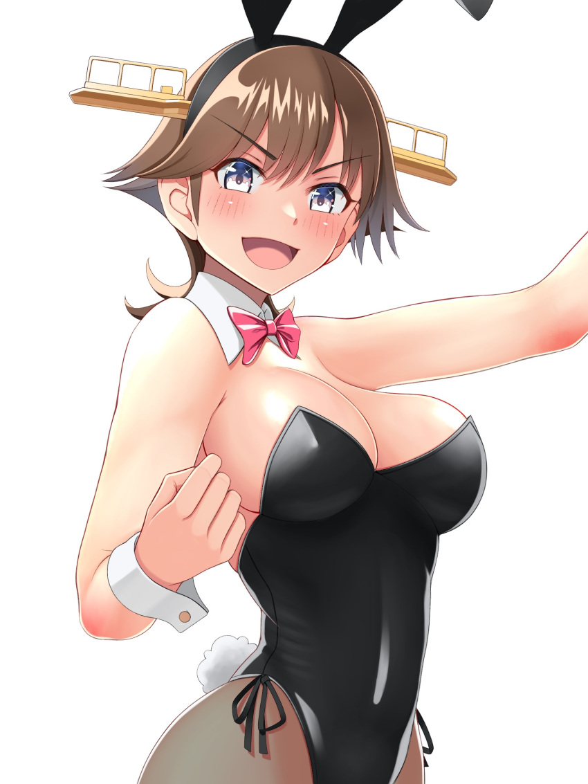 1girl absurdres animal_ears black_leotard bow bowtie breasts brown_hair brown_pantyhose cleavage commentary_request cowboy_shot detached_collar fake_animal_ears flipped_hair hairband headgear hiei_(kancolle) highres kantai_collection large_breasts leotard looking_at_viewer pantyhose playboy_bunny purple_eyes rabbit_ears rabbit_tail red_bow red_bowtie short_hair simple_background solo strapless strapless_leotard tail tussy white_background wrist_cuffs