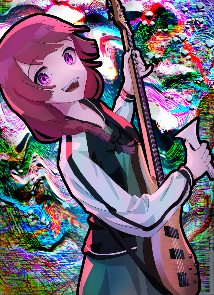 1girl abstract_background bachi black_nails bocchi_the_rock! braid cowboy_shot dress dutch_angle floating_hair green_dress hair_over_shoulder highres hiroi_kikuri holding holding_plectrum jacket long_sleeves looking_at_viewer open_clothes open_jacket plectrum psychedelic purple_eyes purple_hair ringed_eyes single_braid solo teeth track_jacket upper_teeth_only wuschelminityp